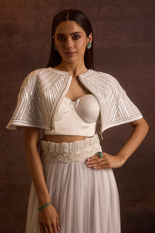 Prisha Ivory Buggle Beads Cape With Bralette & Midi Length Skirt
