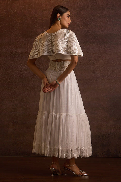 Prisha Ivory Buggle Beads Cape With Bralette & Midi Length Skirt