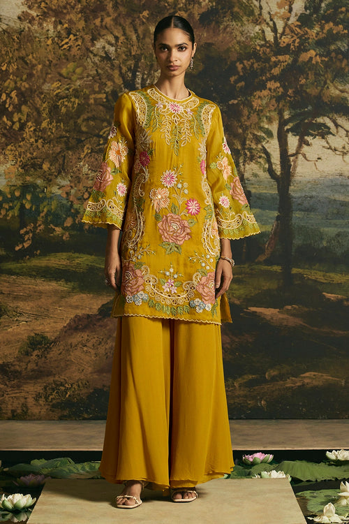 Amber Yellow Floral Medley Short Kurta With Sharara