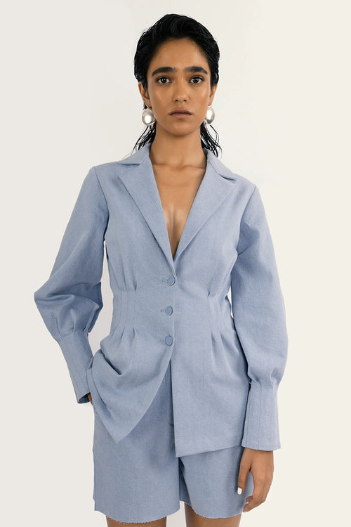 Pleated Jacket & Aqua Shorts