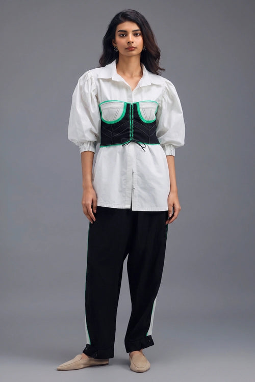 Black Knotted Bustier with Oversized Shirt and Side-Stripe Trousers