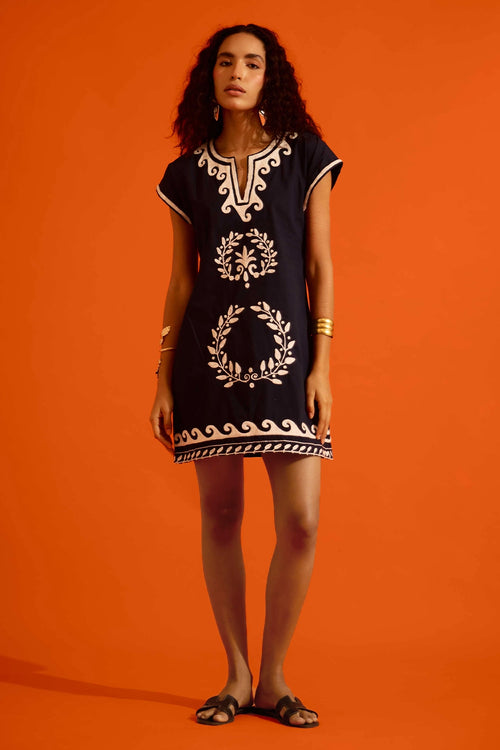 Black Cotton Shift Dress with Ivory Wave Thread Embroidery