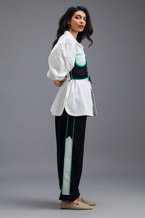 Black Knotted Bustier with Oversized Shirt and Side-Stripe Trousers