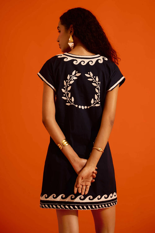 Black Cotton Shift Dress with Ivory Wave Thread Embroidery