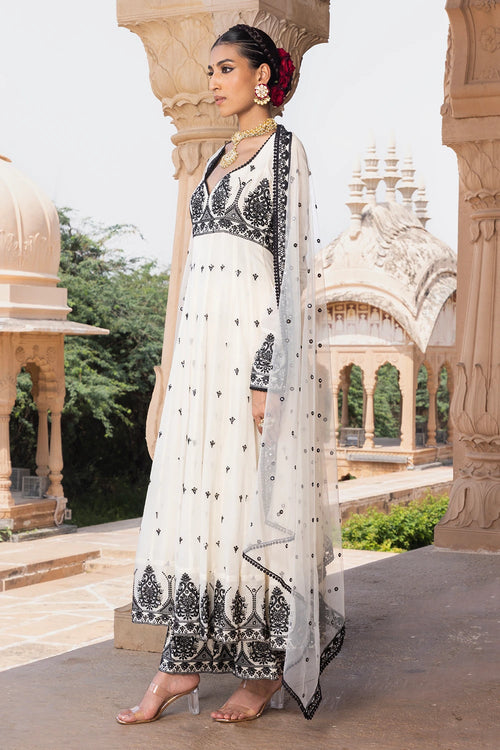Black and White Big Tower Anarkali with Embroidered Dupatta