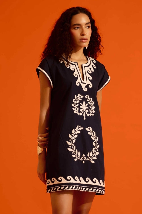 Black Cotton Shift Dress with Ivory Wave Thread Embroidery