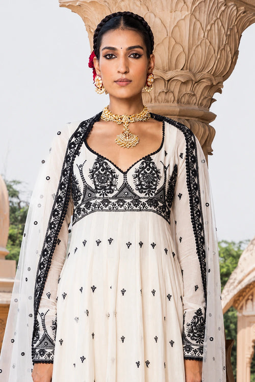 Black and White Big Tower Anarkali with Embroidered Dupatta