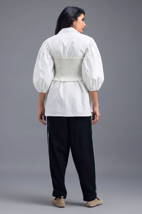 Black Knotted Bustier with Oversized Shirt and Side-Stripe Trousers