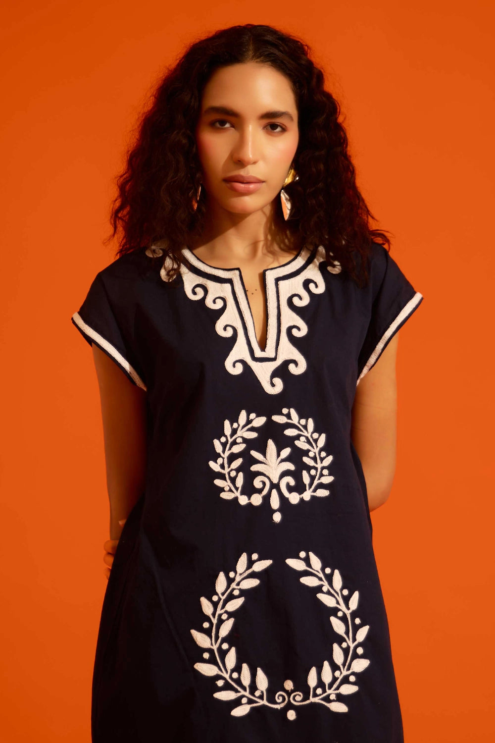 Black Cotton Shift Dress with Ivory Wave Thread Embroidery