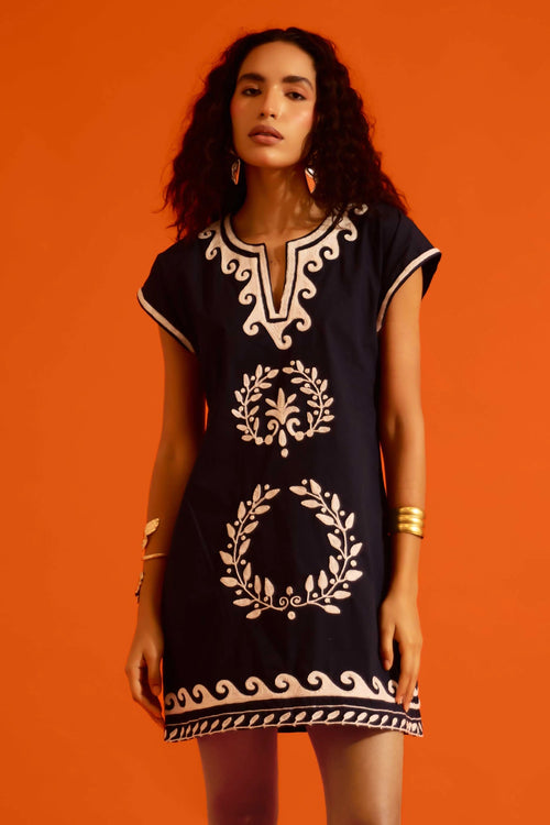 Black Cotton Shift Dress with Ivory Wave Thread Embroidery