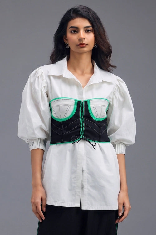 Black Knotted Bustier with Oversized Shirt and Side-Stripe Trousers