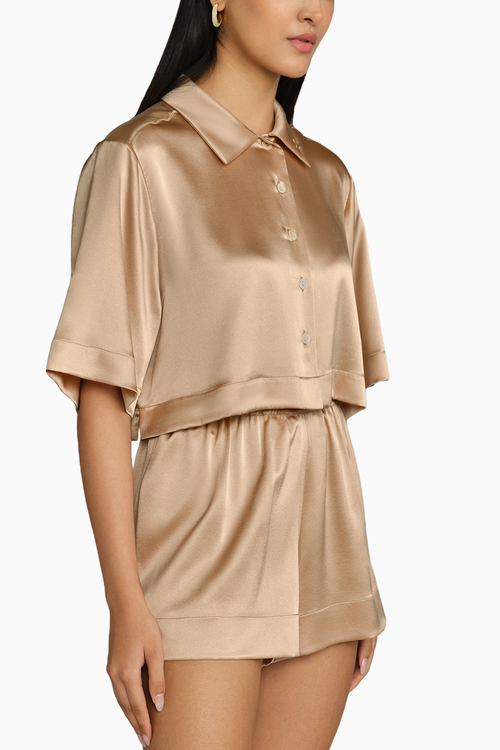 Champagne Silk Cropped Bowling Shirt