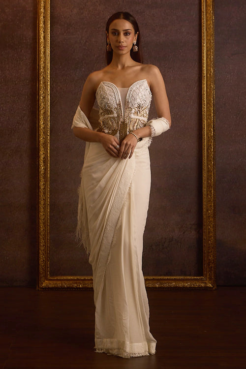 Kamya Ivory Gold Ombre Dabka Zardozi Pre Stitched Saree