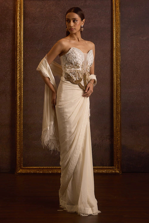 Kamya Ivory Gold Ombre Dabka Zardozi Pre Stitched Saree