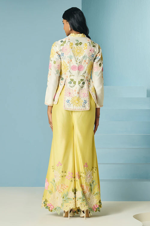 Ivory Floral Embroidered Panelled Jacket With Sharara