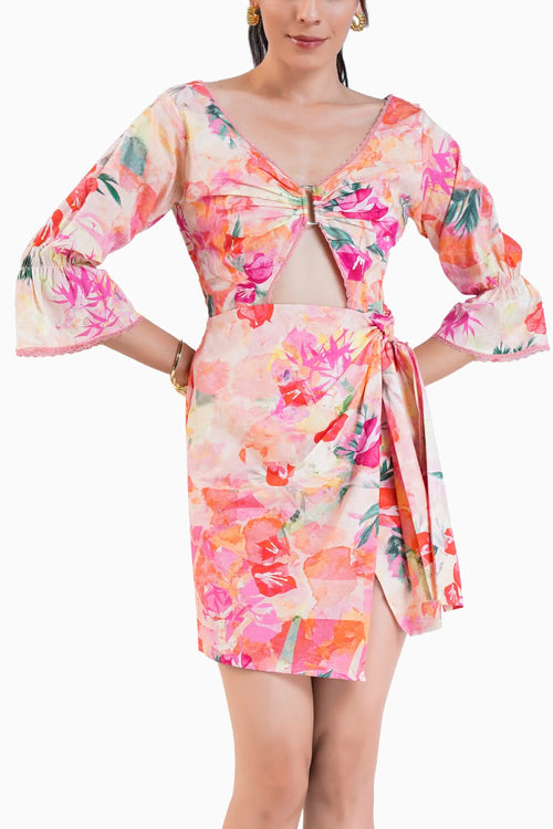 Printed Short Cotton Dress With Buckle Detail And Waist Cutout