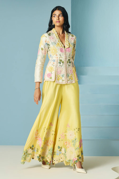 Ivory Floral Embroidered Panelled Jacket With Sharara