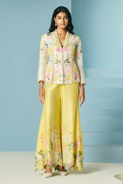 Ivory Floral Embroidered Panelled Jacket With Sharara