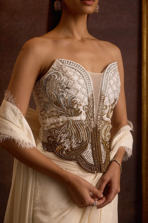 Kamya Ivory Gold Ombre Dabka Zardozi Pre Stitched Saree