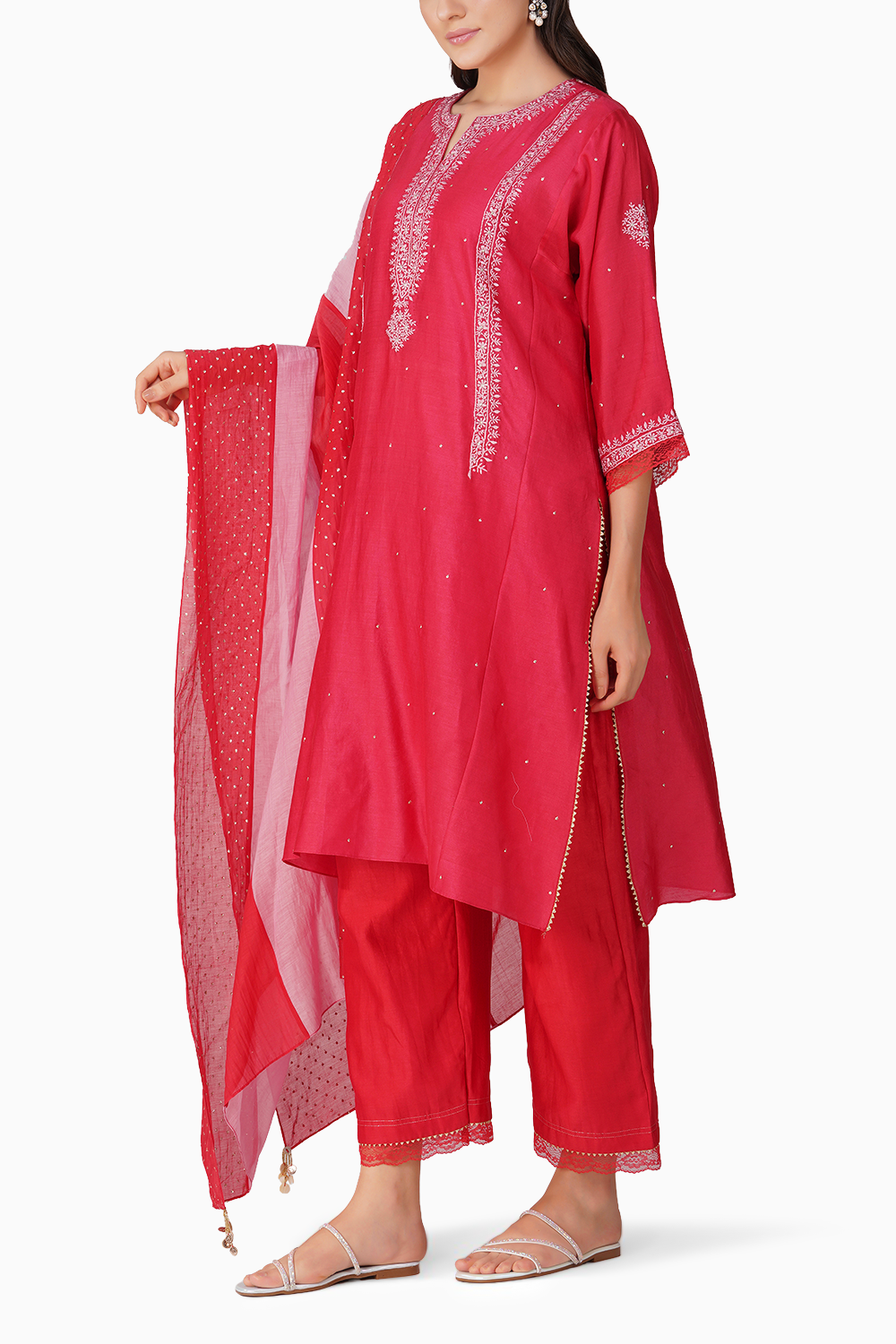 Flower Border Red Kalidar Kurta Set