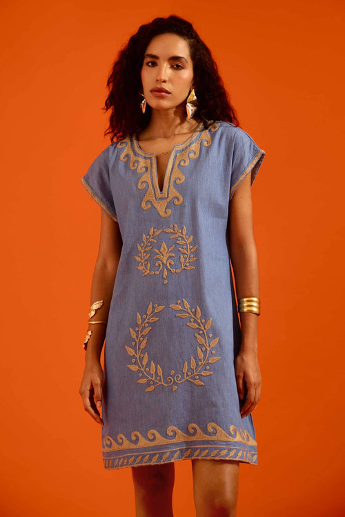 Denim Blue Natural Wave Thread Embroidered Shift Dress