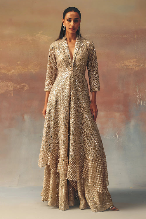 Golden Asym Peplum Blazer with Mirrorwork Palazzo Flared Shararas