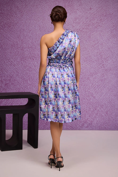 Blue Aquarelle Print One Shoulder Dress
