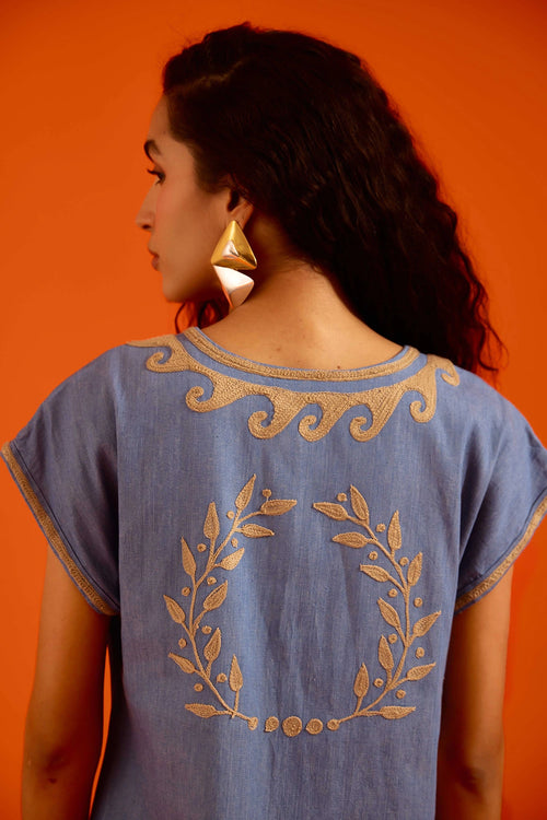 Denim Blue Natural Wave Thread Embroidered Shift Dress
