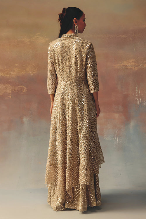 Golden Asym Peplum Blazer with Mirrorwork Palazzo Flared Shararas