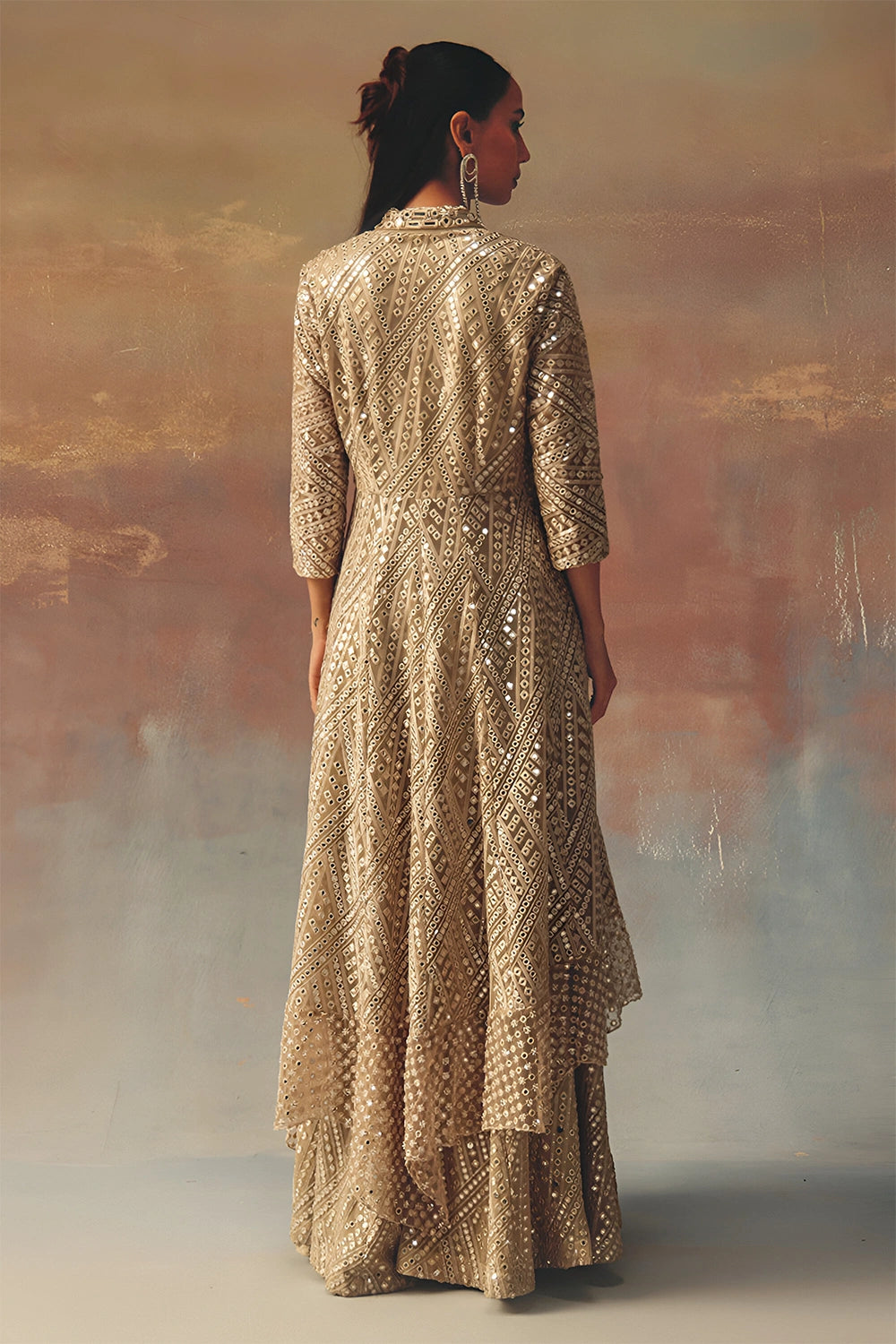Golden Asym Peplum Blazer with Mirrorwork Palazzo Flared Shararas