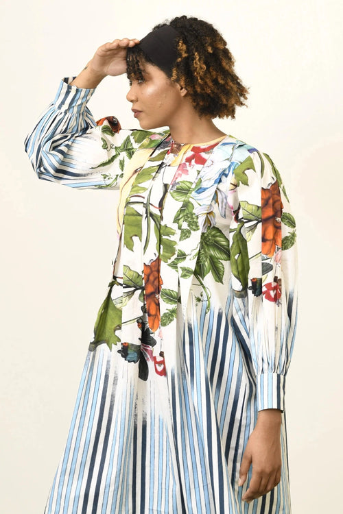 Blue Stripes Striaght & Floral Print Dress
