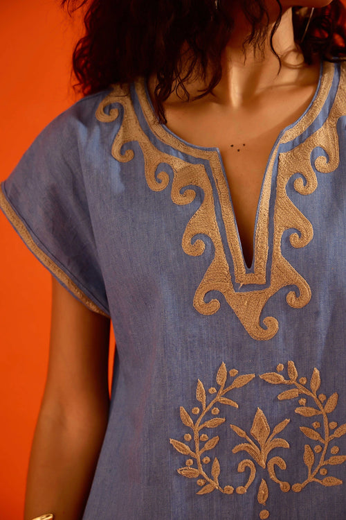 Denim Blue Natural Wave Thread Embroidered Shift Dress