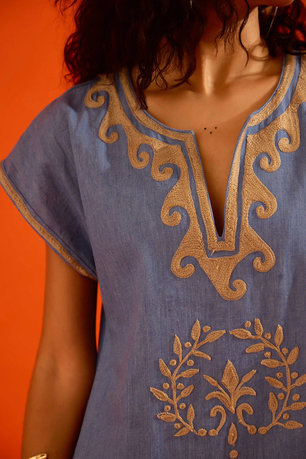 Denim Blue Natural Wave Thread Embroidered Shift Dress