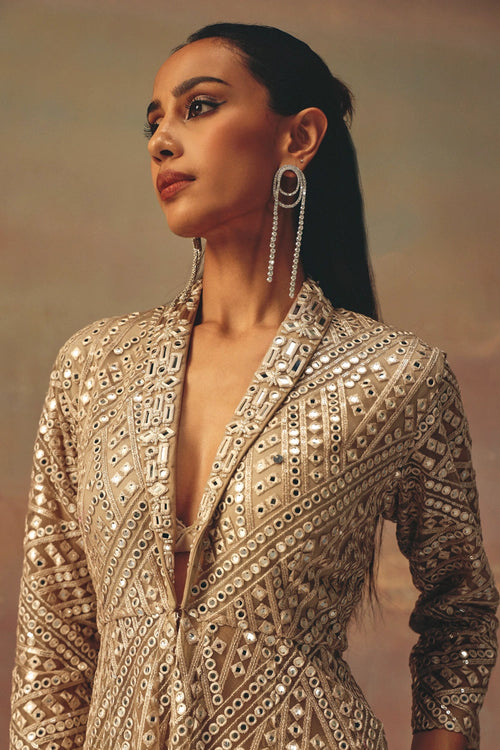 Golden Asym Peplum Blazer with Mirrorwork Palazzo Flared Shararas