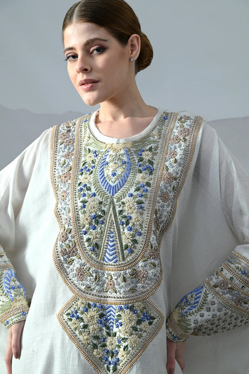 Ivory Kaftan With Handworked Motifs