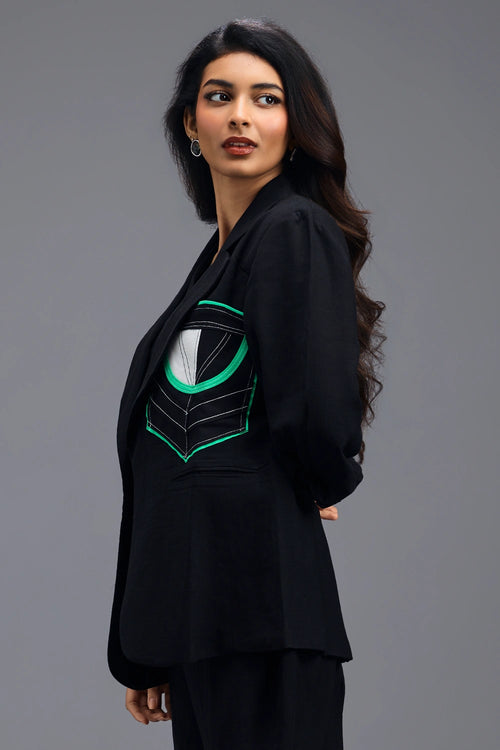 Black Tailored Blazer with Geometric Patch Pocket