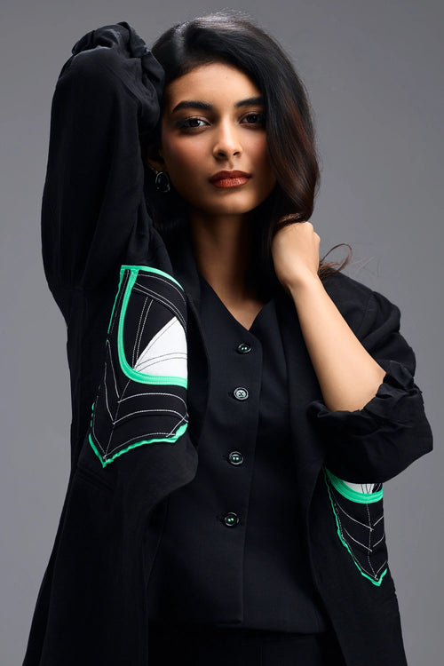 Black Tailored Blazer with Geometric Patch Pocket
