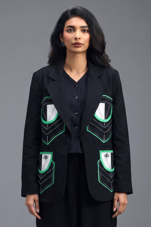 Black Tailored Blazer with Geometric Patch Pocket