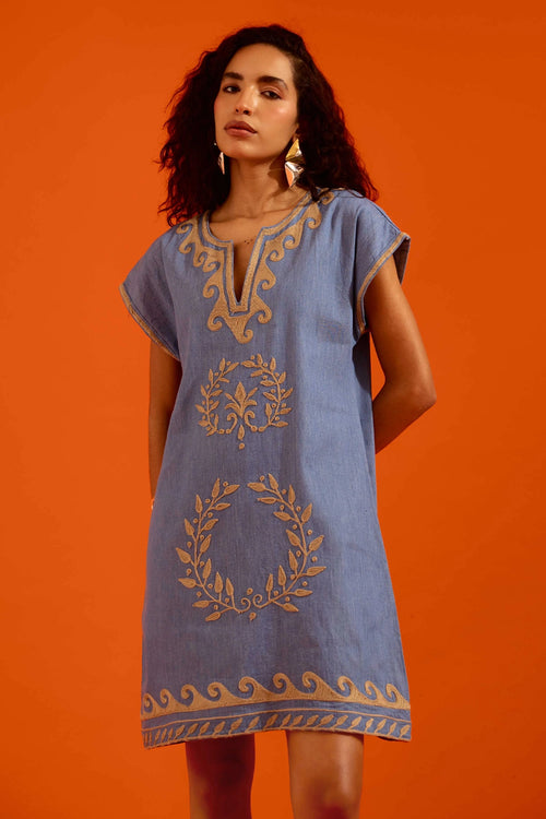 Denim Blue Natural Wave Thread Embroidered Shift Dress