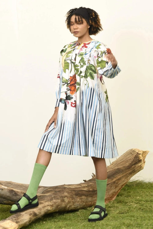 Blue Stripes Striaght & Floral Print Dress