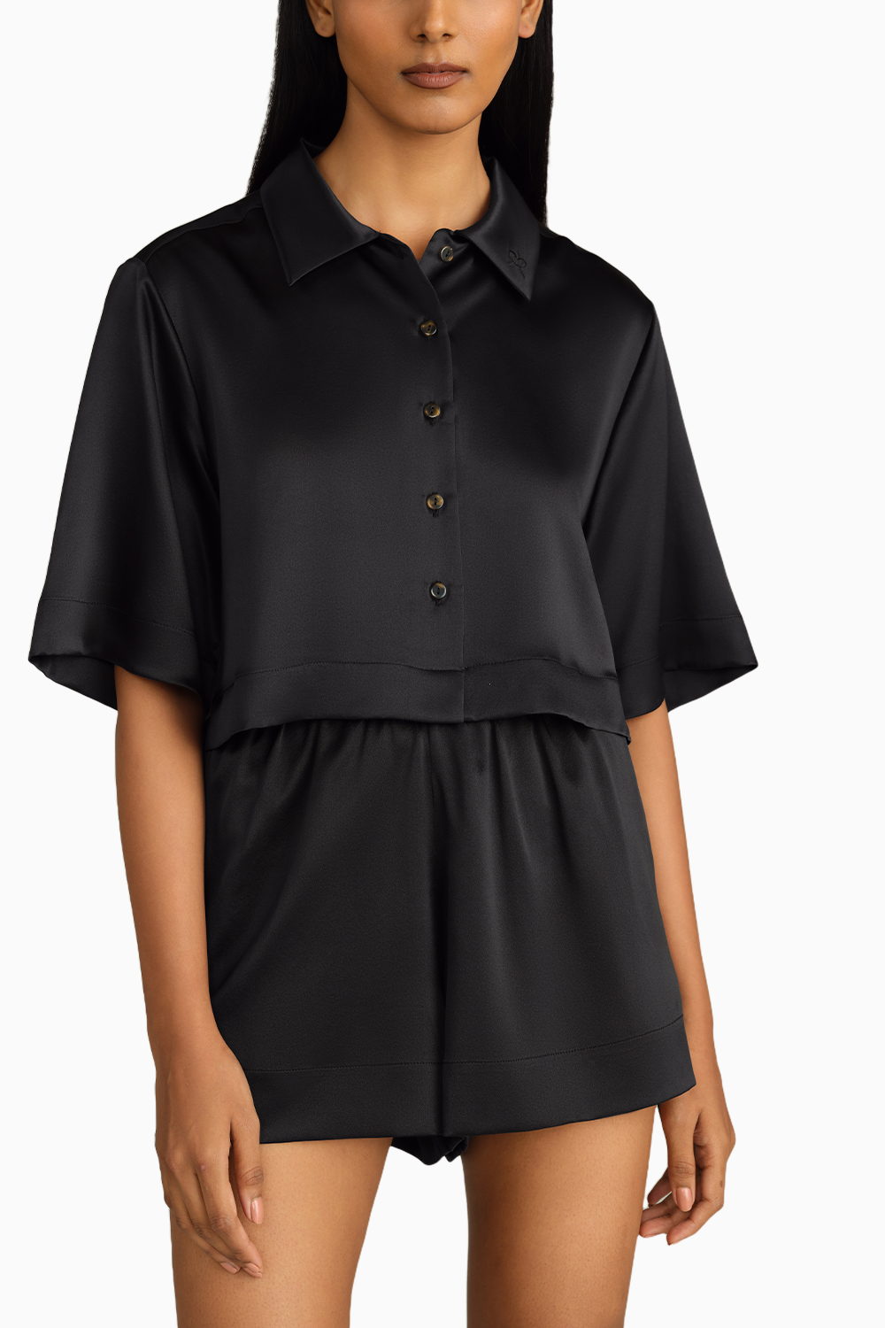 Black Silk Cropped Bowling Shirt