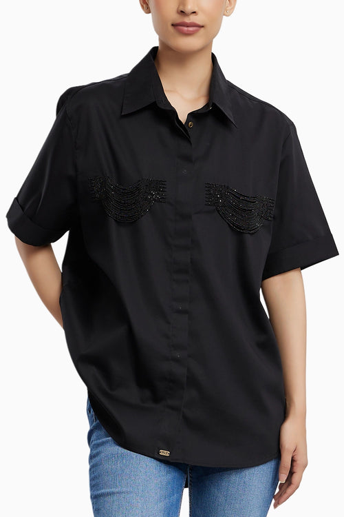 2 Pocket Black Fringe Shirt