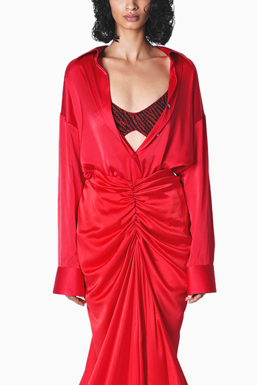 Red Essential Satin Shirt with Tea Blouse and Soho Skirt