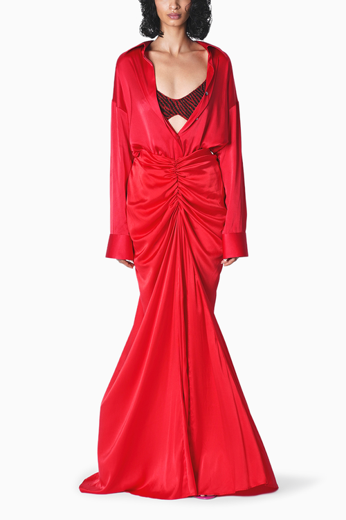 Red Essential Satin Shirt with Tea Blouse and Soho Skirt