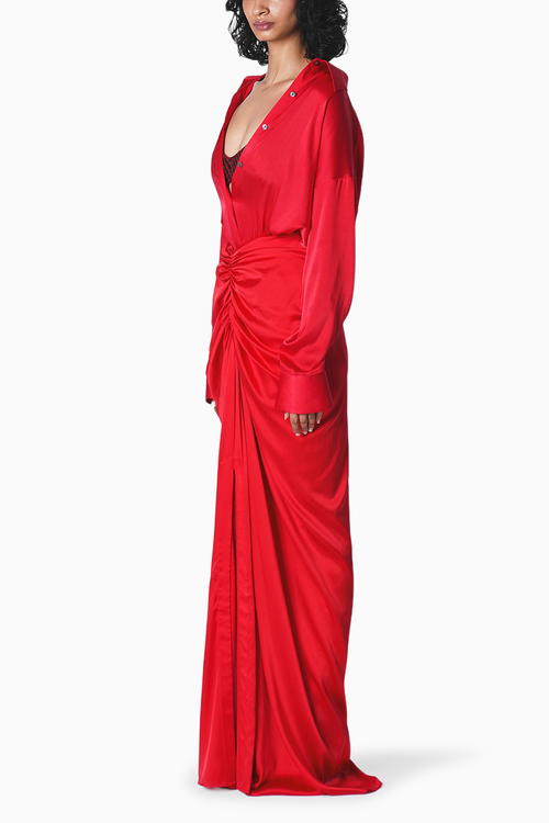 Red Essential Satin Shirt with Tea Blouse and Soho Skirt