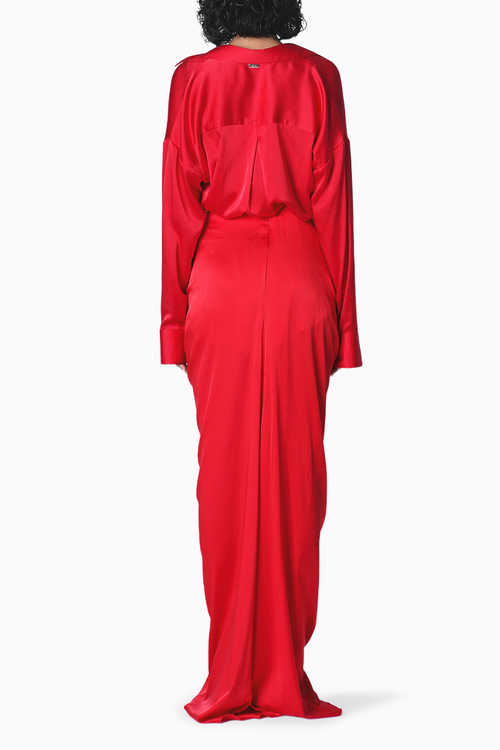 Red Essential Satin Shirt with Tea Blouse and Soho Skirt