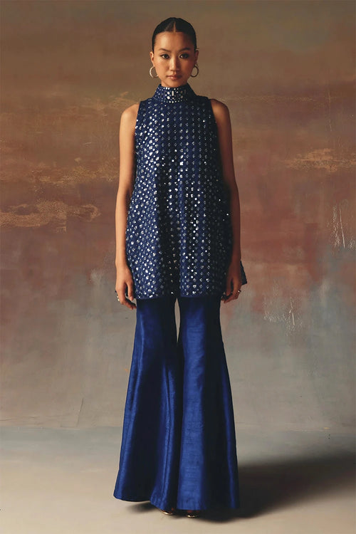 Blue Short Hi Neck A Line Top with Dupian Bellbottoms