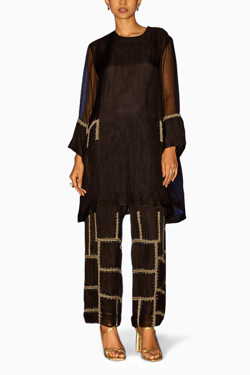Embroidered A-Line Kurta with Linework Pants