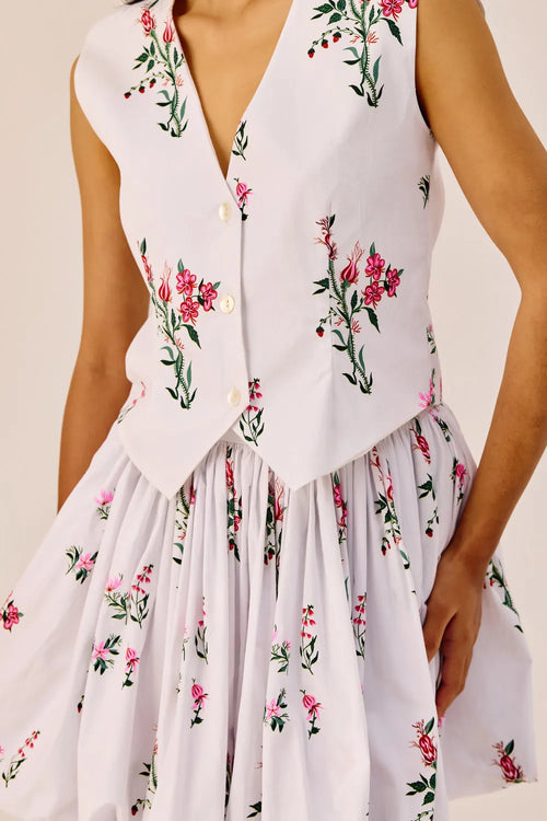 White Floral Vest Top And Mini Skirt Set