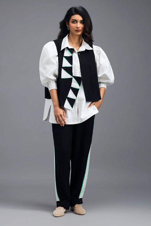 Black Panelled Vest with Puff-Sleeve Shirt and Contrast Stripe Trousers